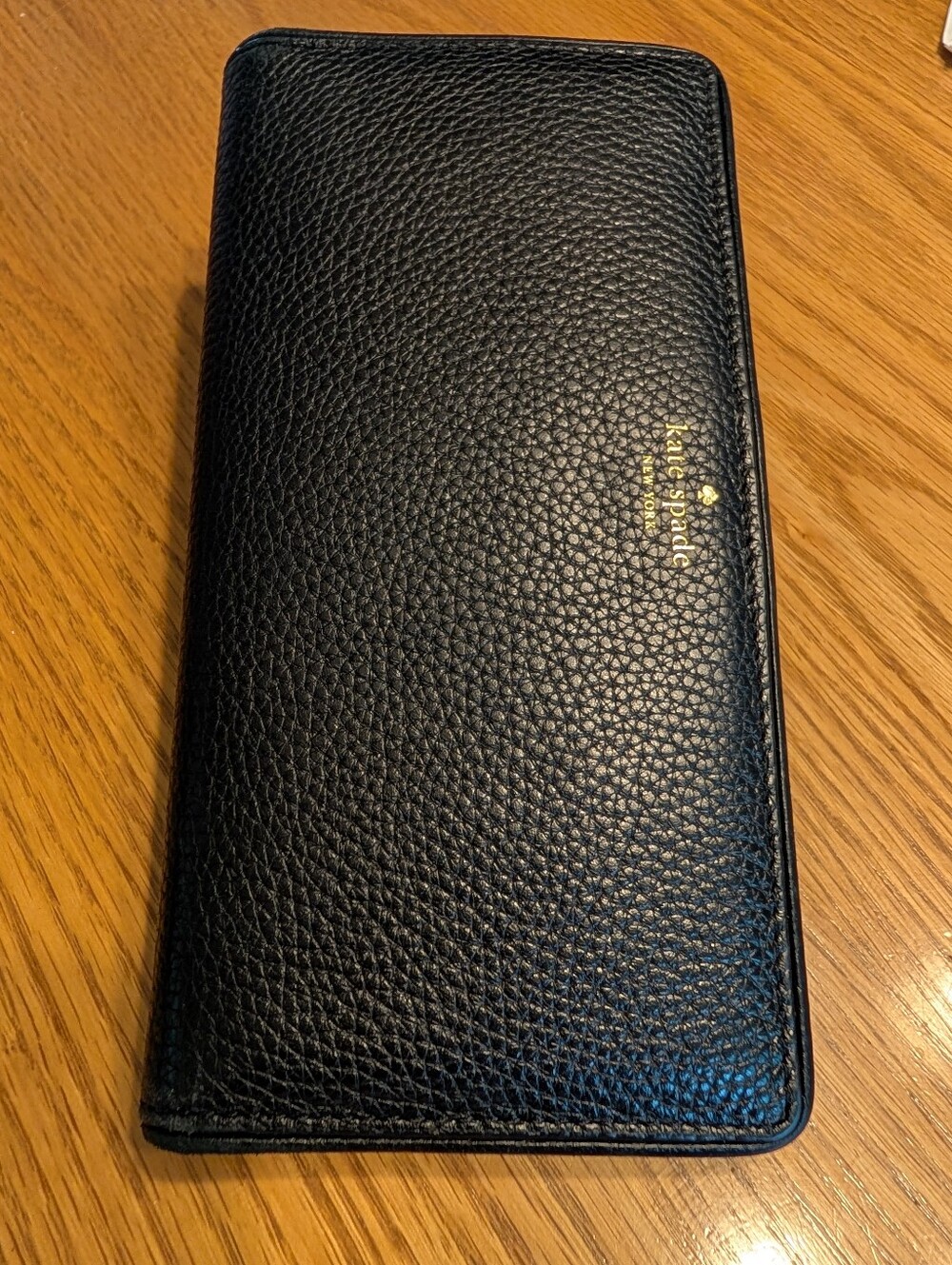 kate spade Black Pebbled Leather Long Wallet with Gold Logo